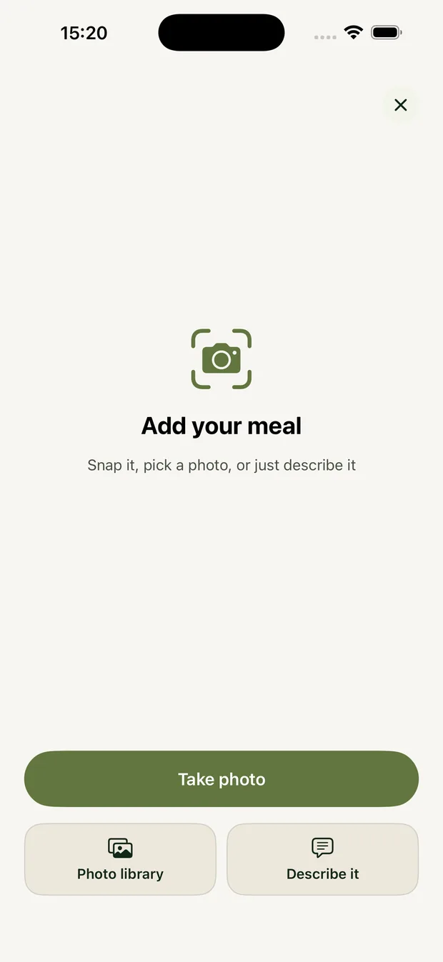 The add-a-meal screen: Take photo, Photo library and Describe it side by side.