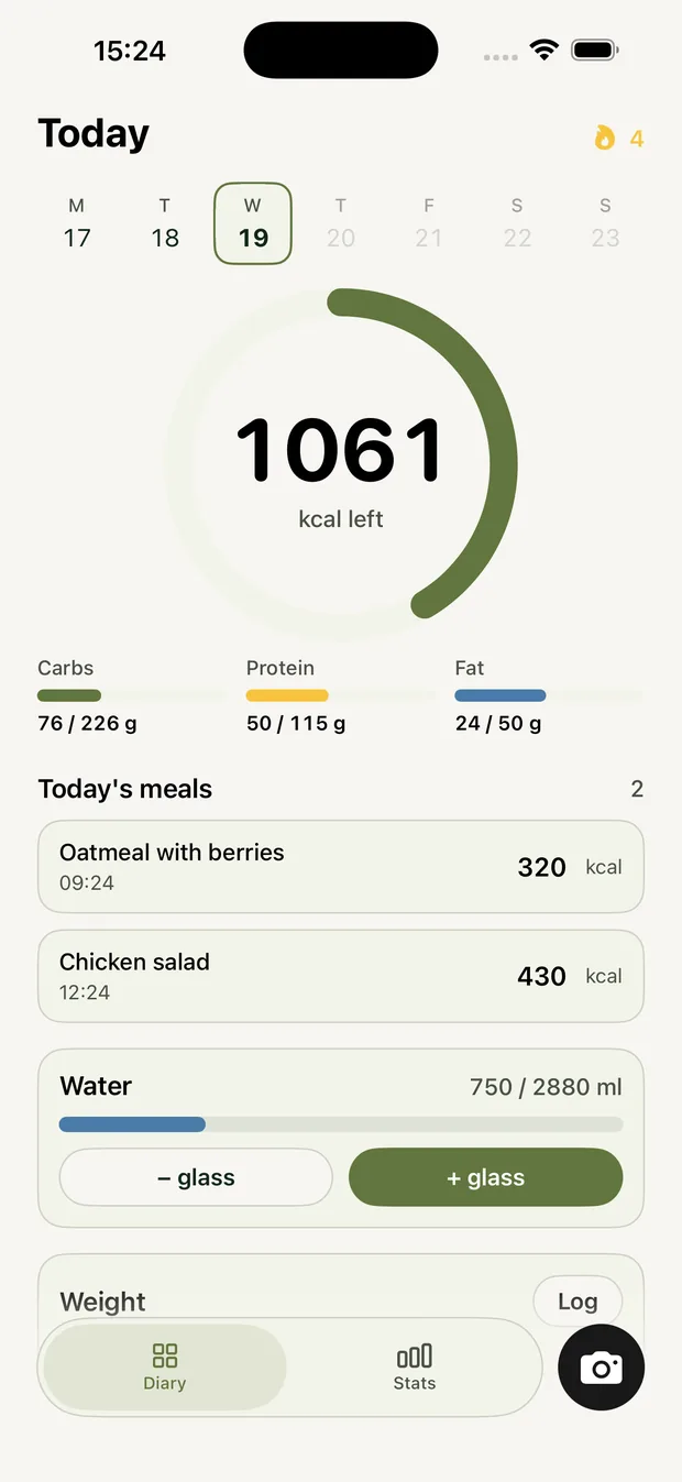 The FoodAmigo diary: calories left for today, macro bars, logged meals, water and weight.
